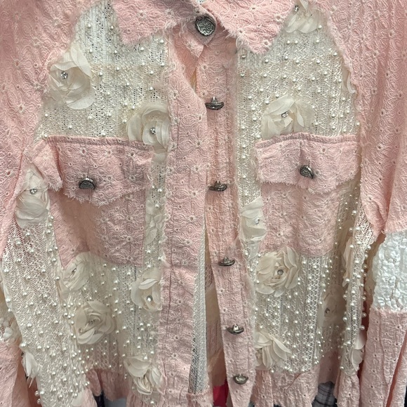 POL Shacket Women's Pink Pearl Lace Eyelet Woven Balloon Sleeve Front Pockets - Picture 6 of 7